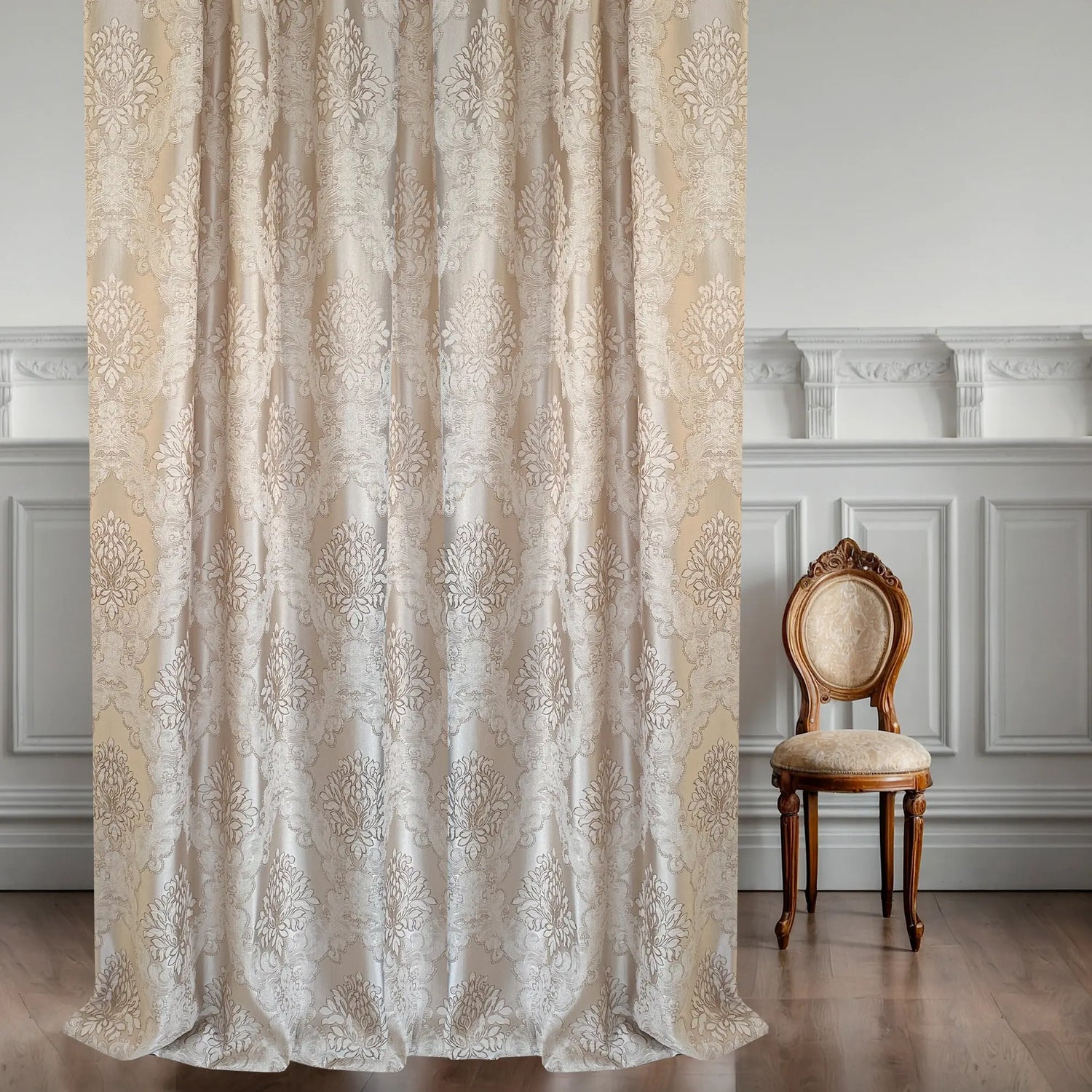 Jacquard Damask Curtains for Living Room, Ivory Gold, Custom Made in Vintage Victorian Style
