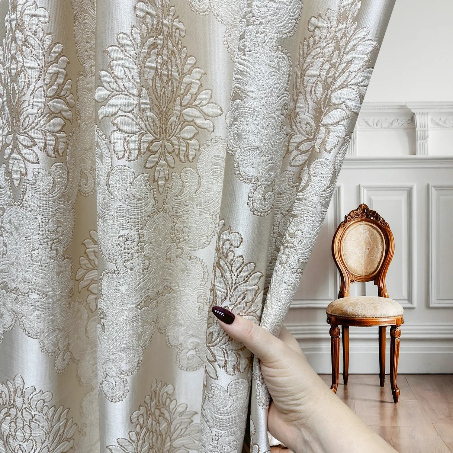 Jacquard Damask Curtains for Living Room, Ivory Gold, Custom Made in Vintage Victorian Style
