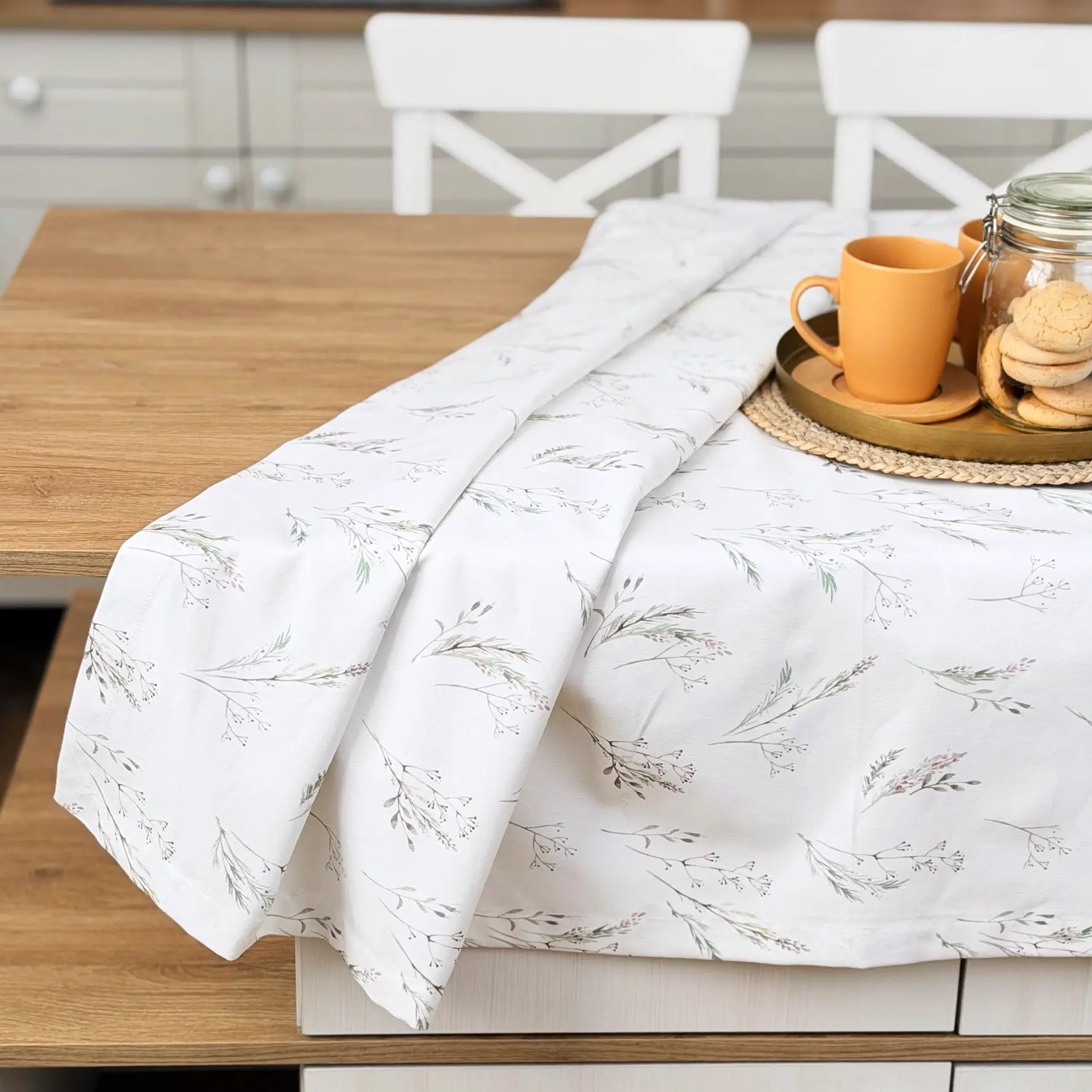 Linen Tablecloth Waterproof Wipeable, Botanical Floral Table Cover, Cottage Style