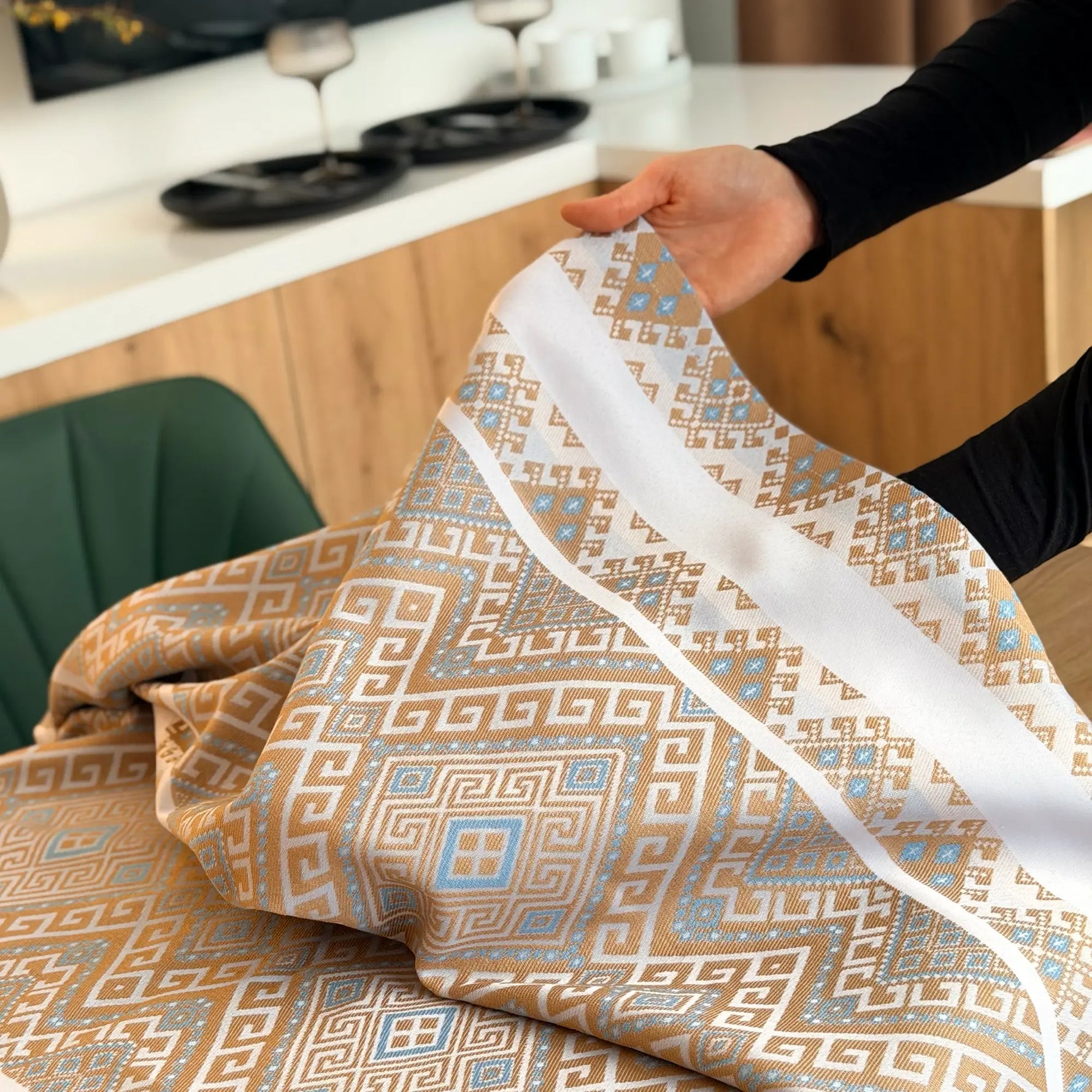 Striped Ethnic Ukrainian Ornamental Linen Tablecloth - Blue/Beige