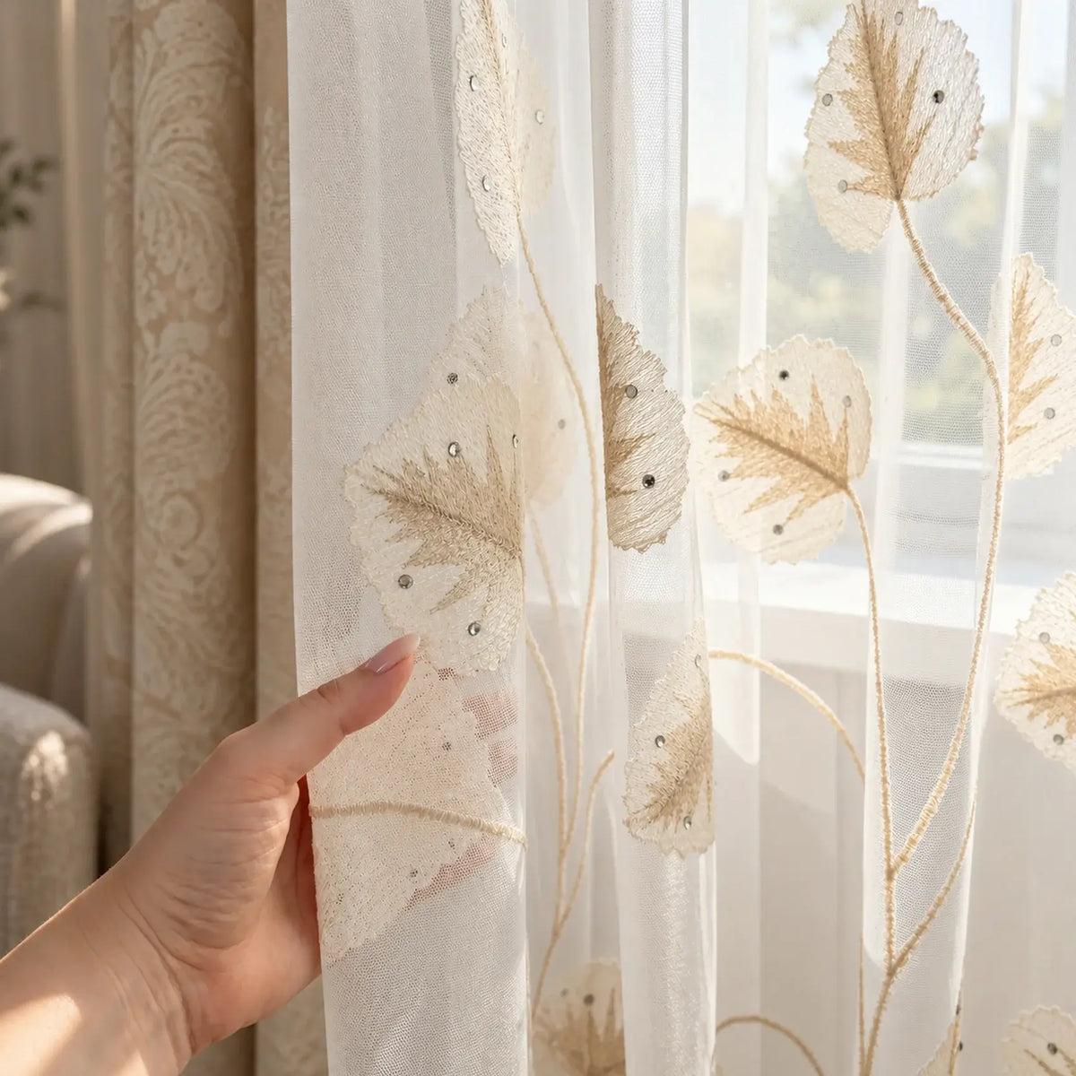 Luxury European Style Elegant Off-White Sheer Lace Curtains with Embroidery