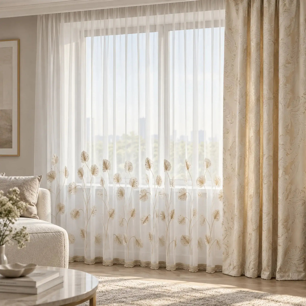 Luxury European Style Elegant Off-White Sheer Lace Curtains with Embroidery