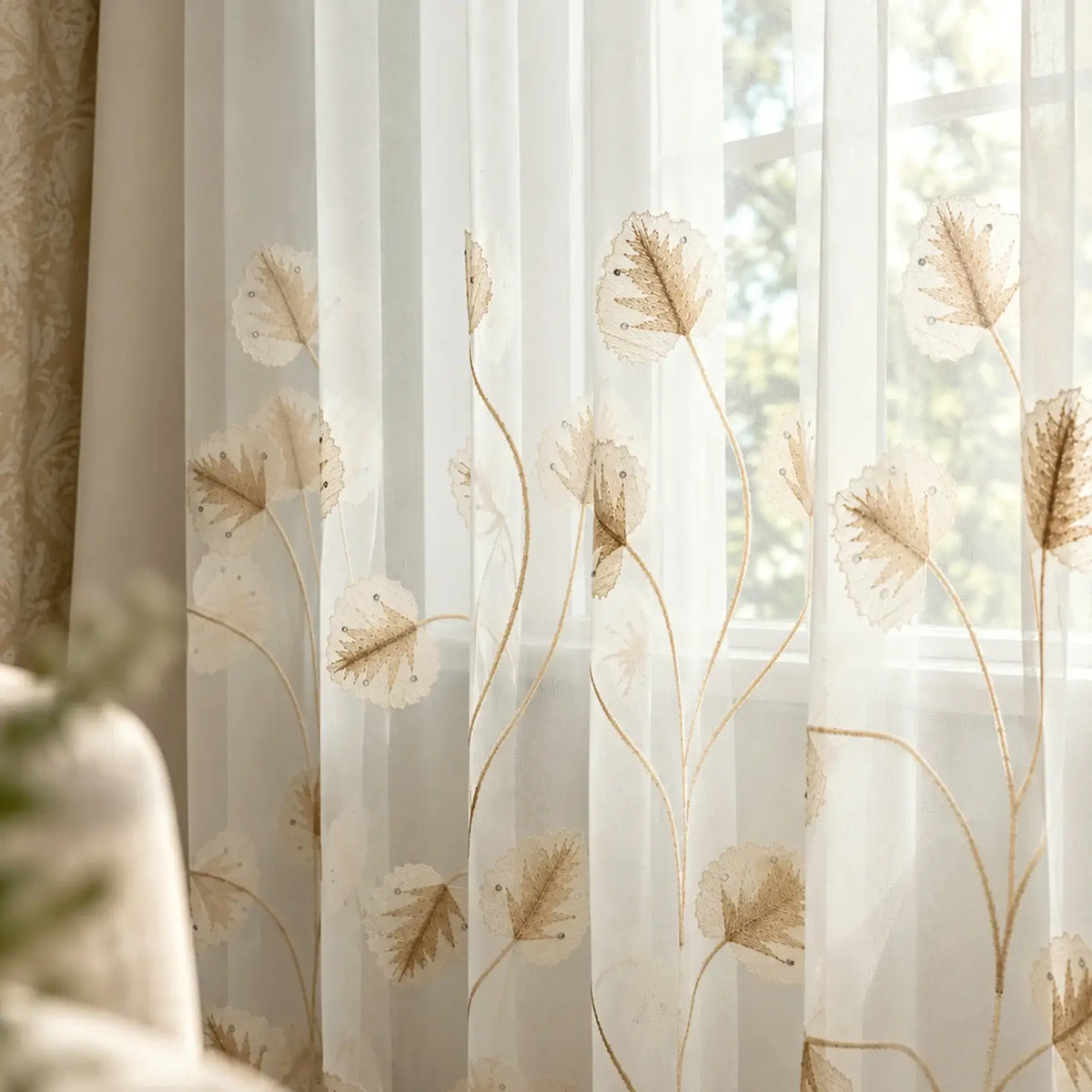Luxury European Style Elegant Off-White Sheer Lace Curtains with Embroidery