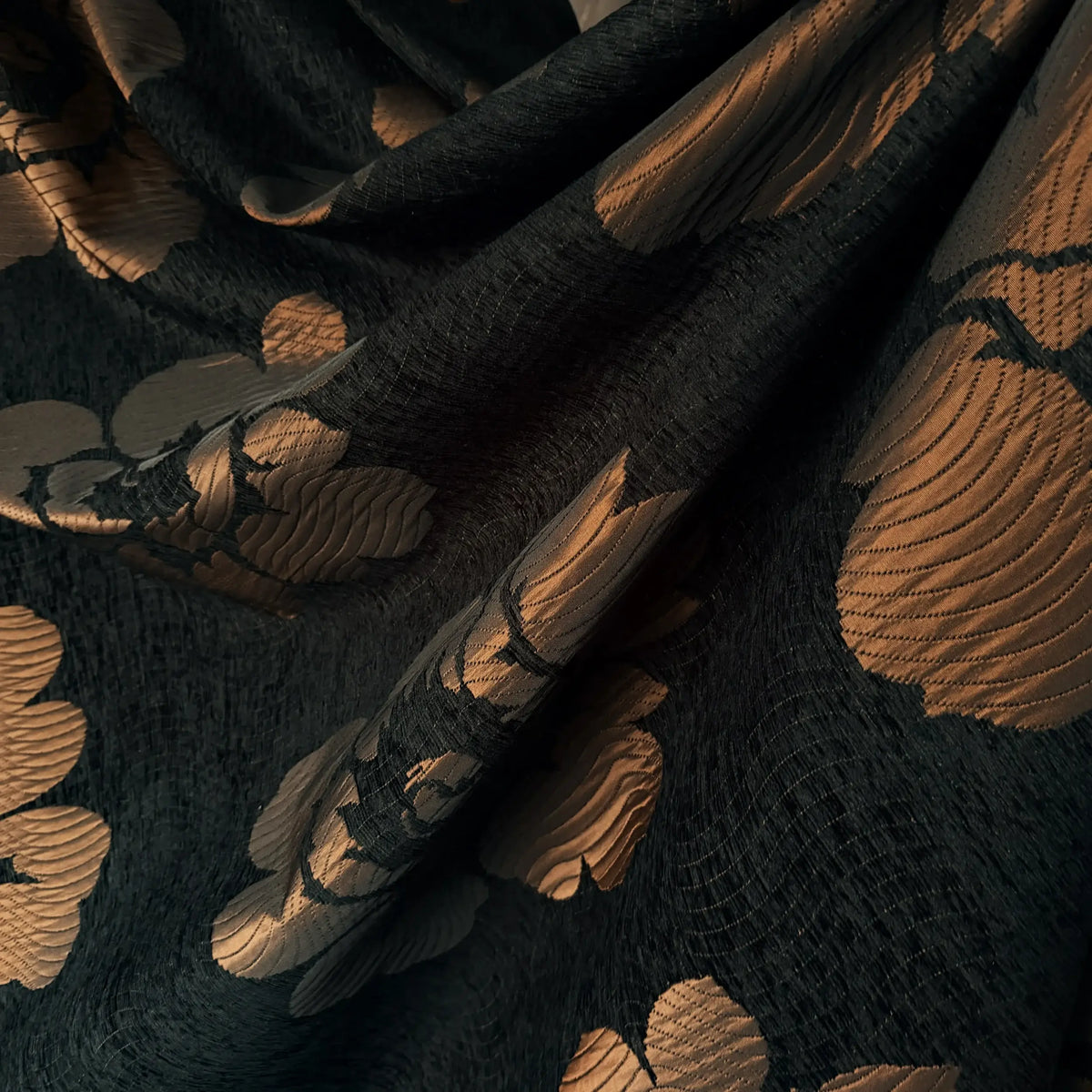 Heavy Chenille Curtains: Black & Rust  Floral Patterned Drapes