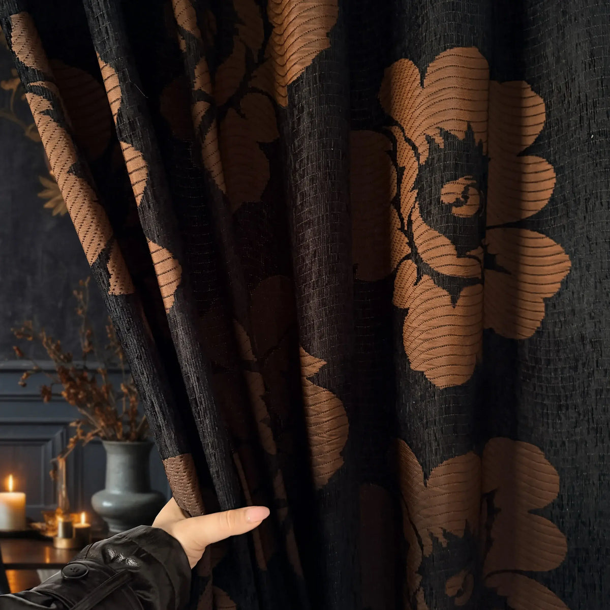 Heavy Chenille Curtains: Black & Rust  Floral Patterned Drapes