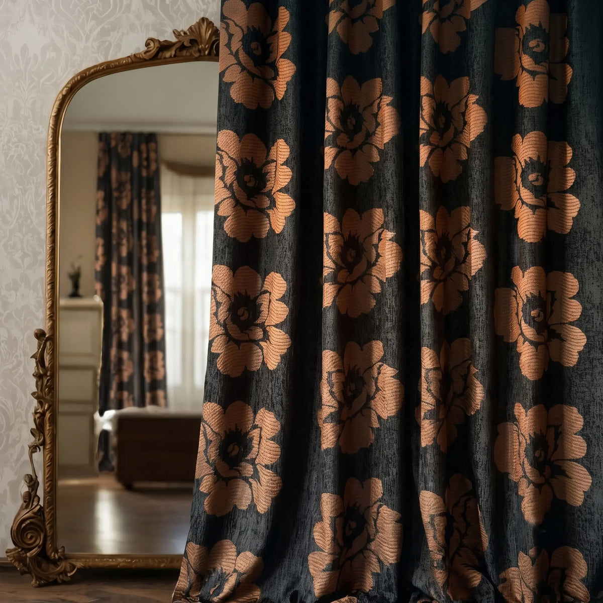 Heavy Chenille Curtains: Black & Rust  Floral Patterned Drapes