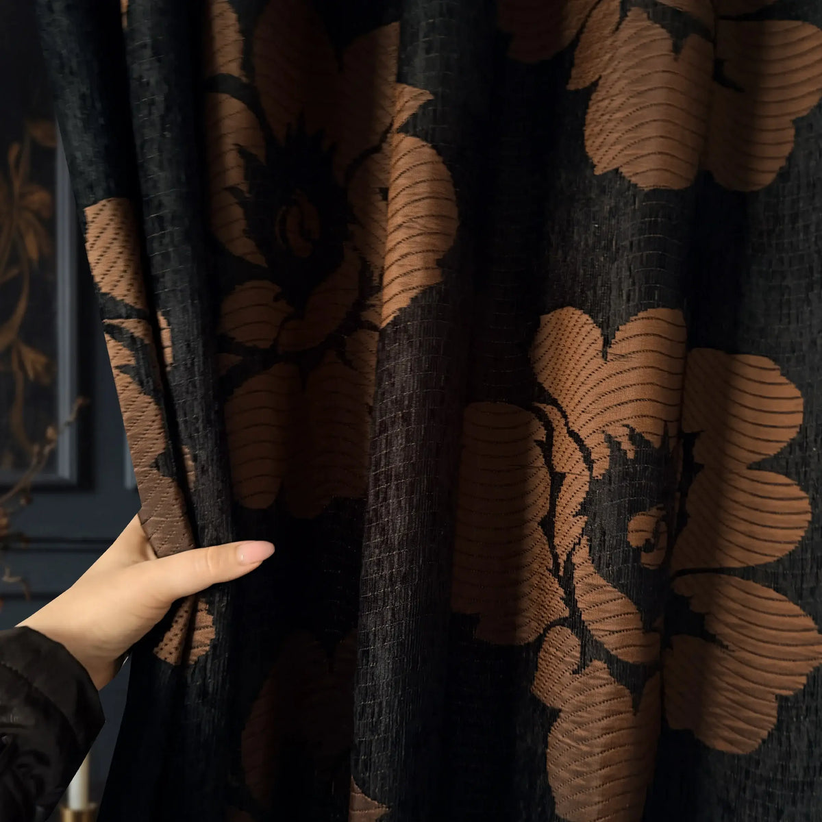 Heavy Chenille Curtains: Black & Rust  Floral Patterned Drapes
