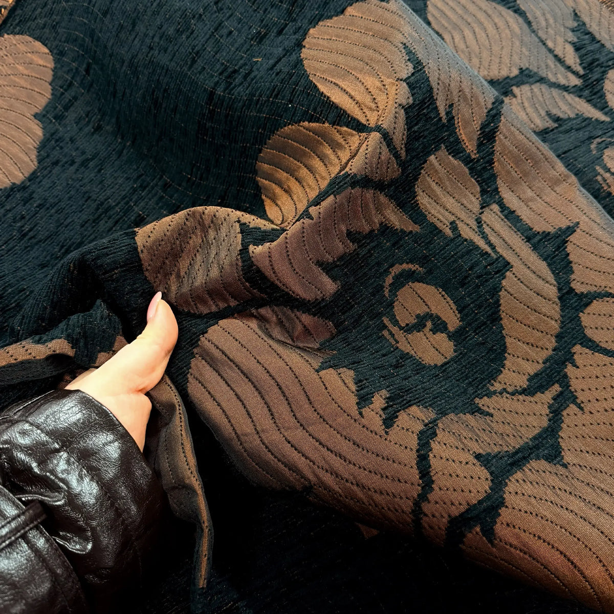 Heavy Chenille Curtains: Black & Rust  Floral Patterned Drapes