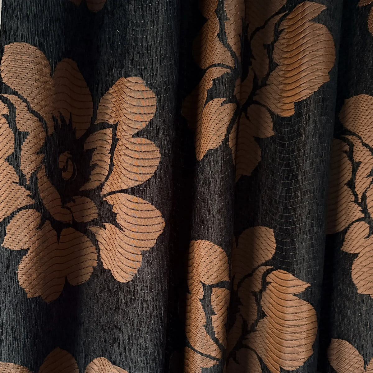 Heavy Chenille Curtains: Black & Rust  Floral Patterned Drapes