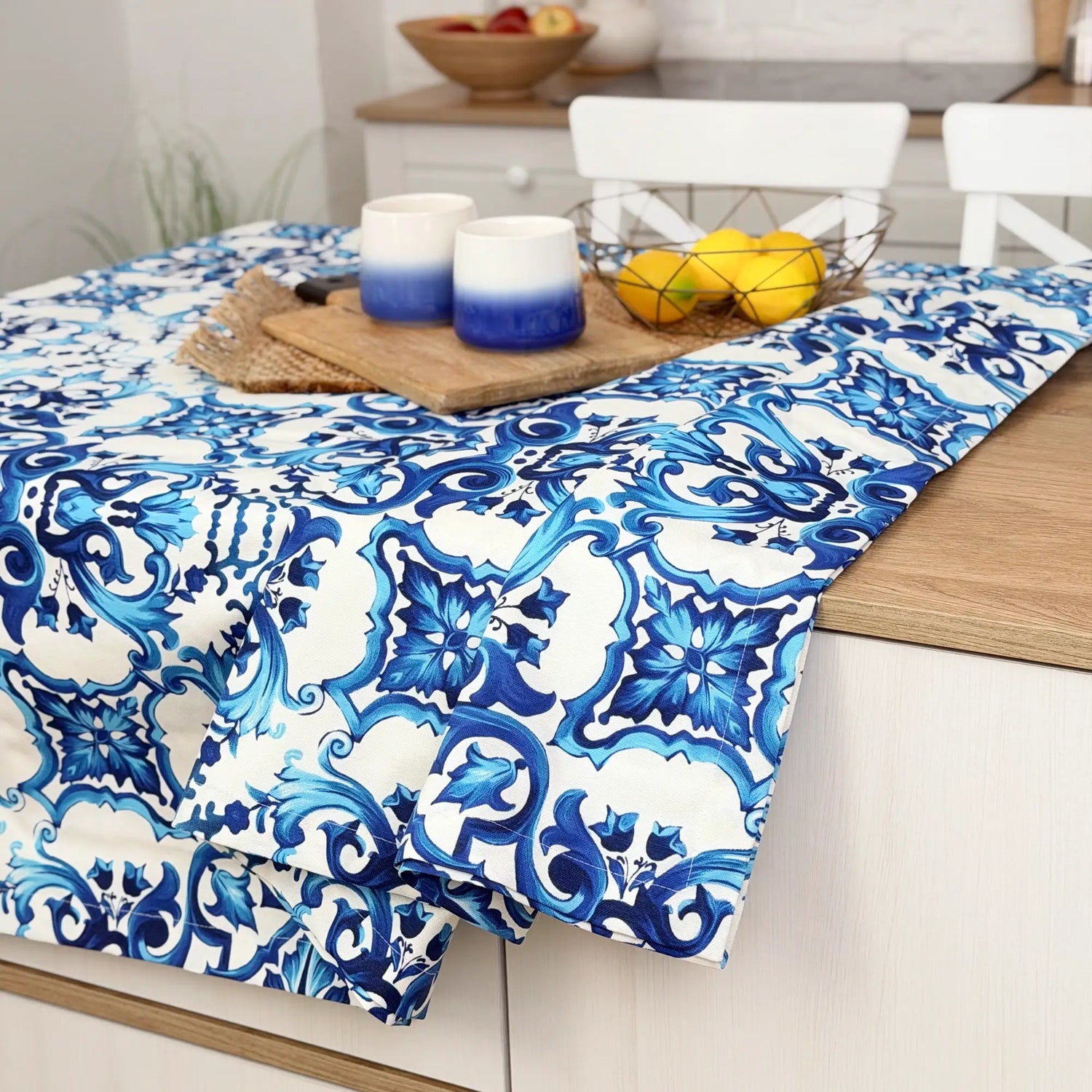 Waterproof Blue Floral Mediterranean Linen Tablecloth, Wipe Clean