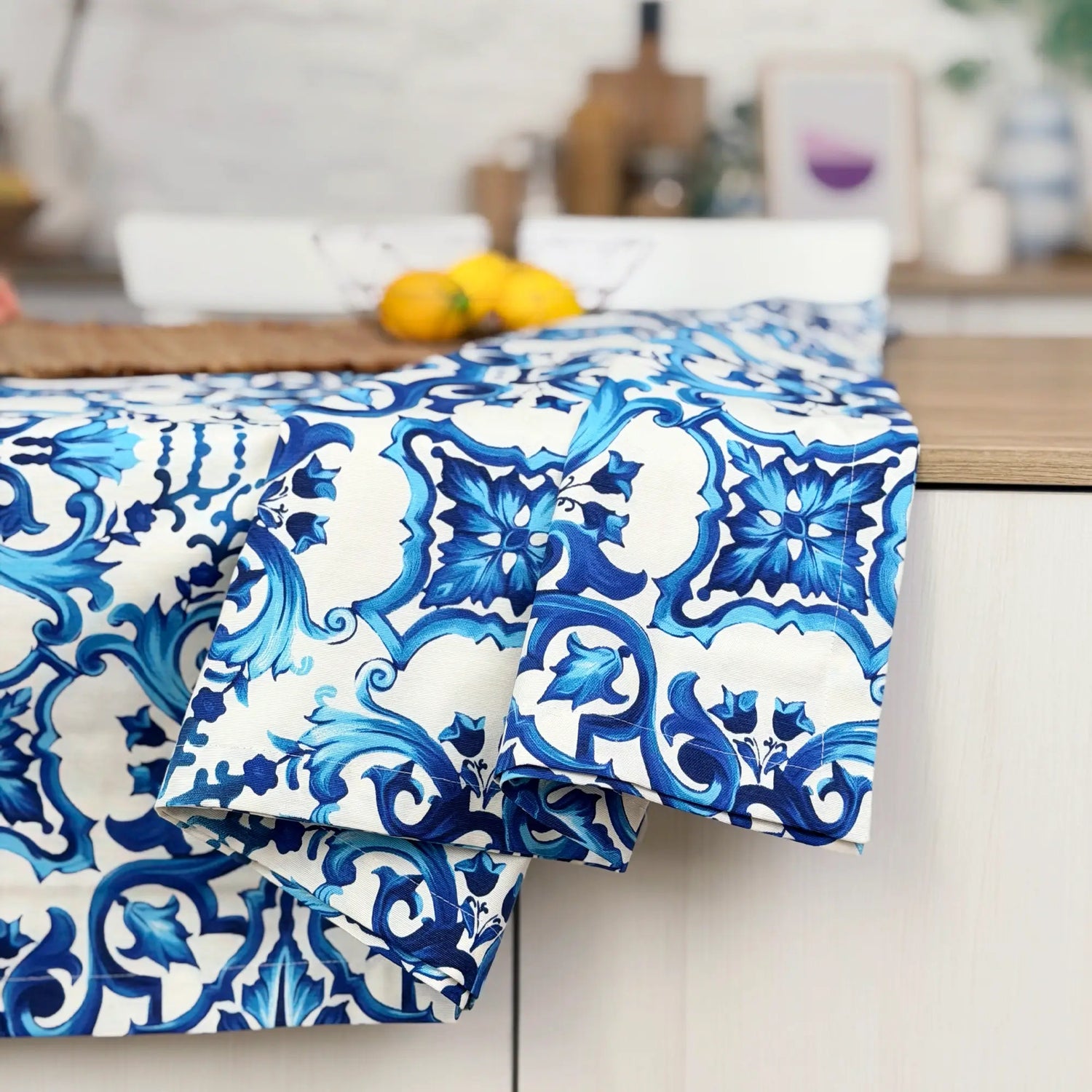 Waterproof Blue Floral Mediterranean Linen Tablecloth, Wipe Clean