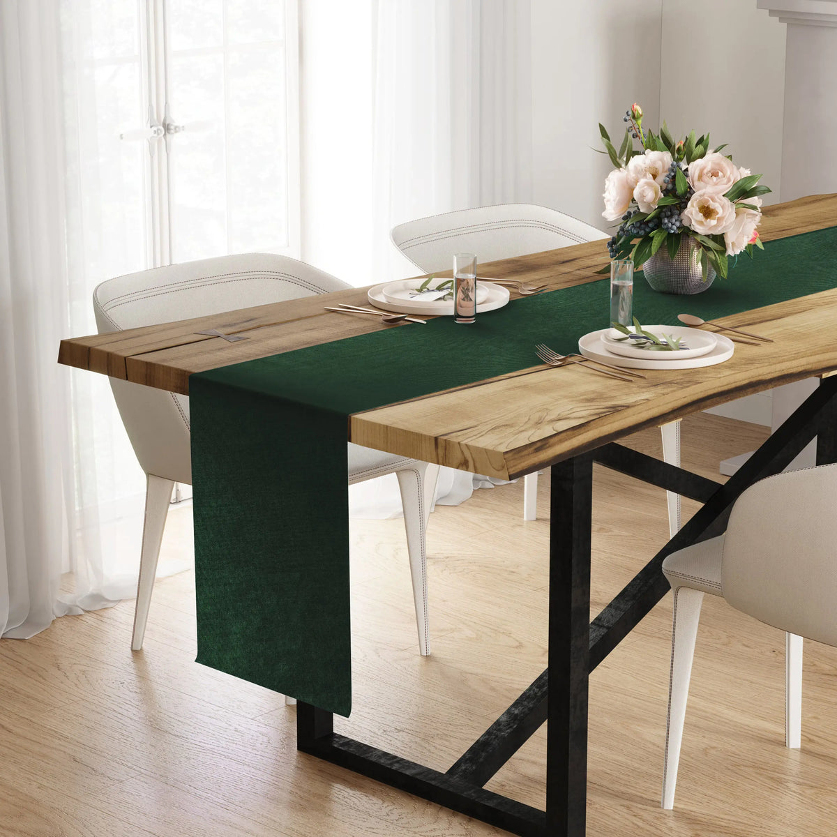 Dining Table Runner, Plain Green Moss Сhristmas Fabric 