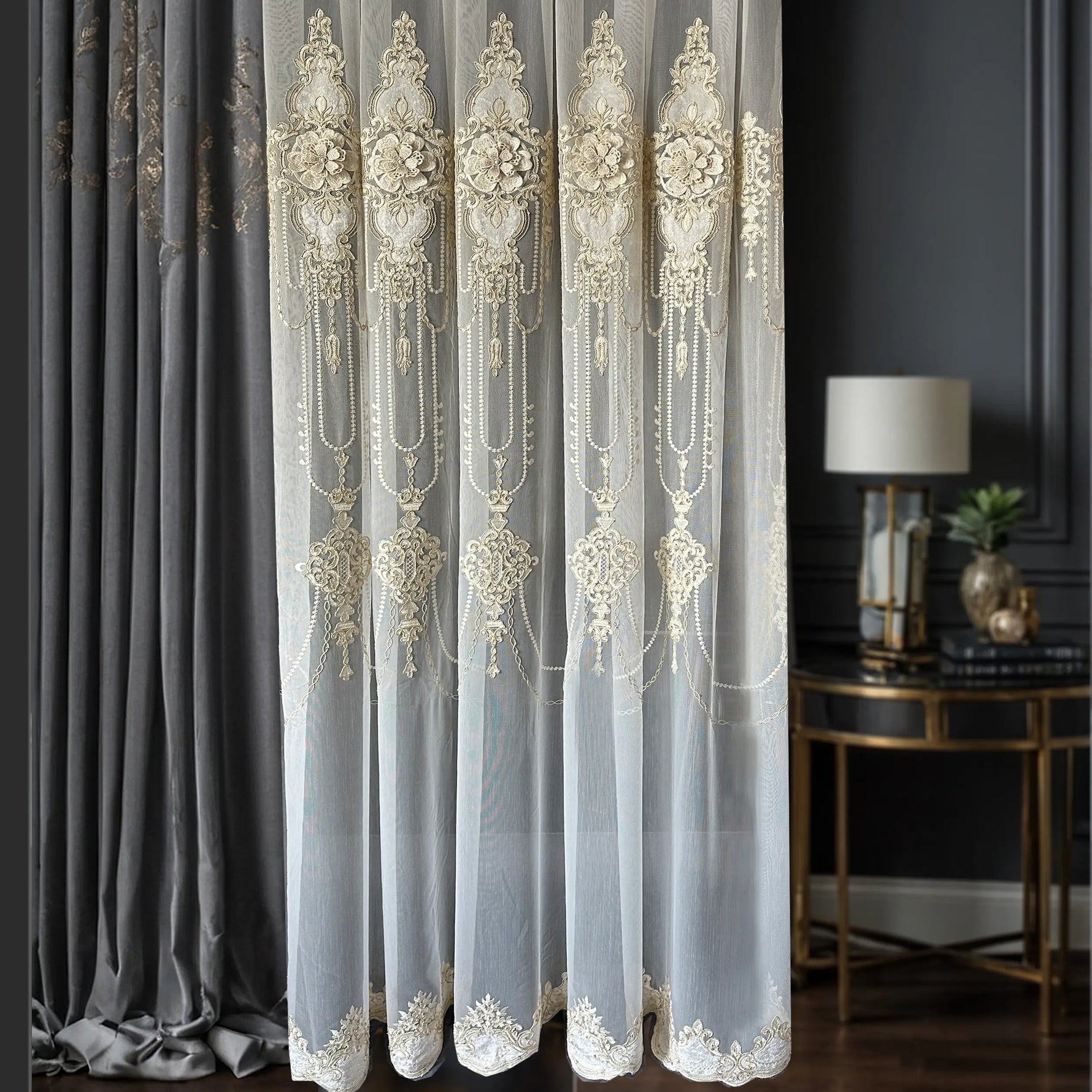 Sheer Curtains with Arabic Lace Rich Gold Embroidery
