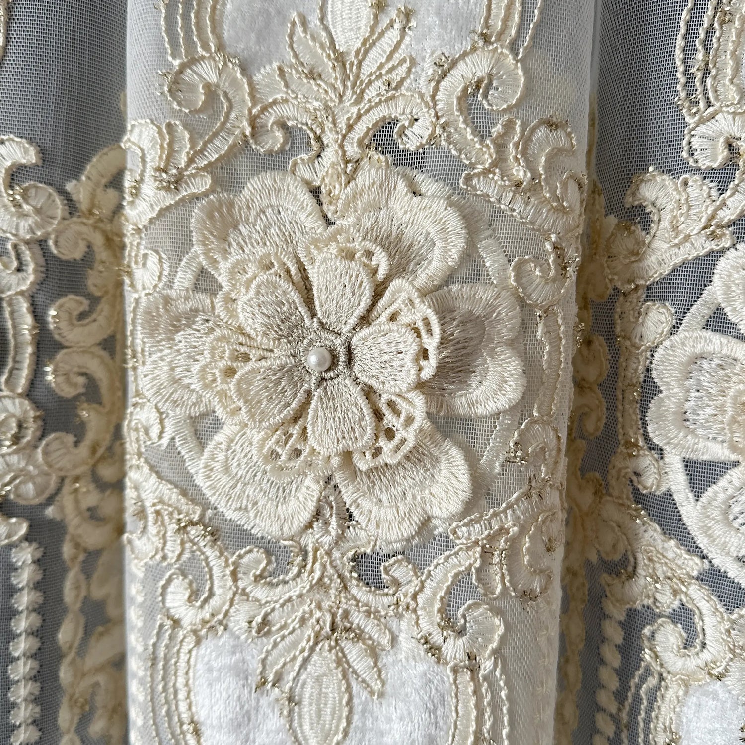 Close-up of intricate lace fabric with floral design