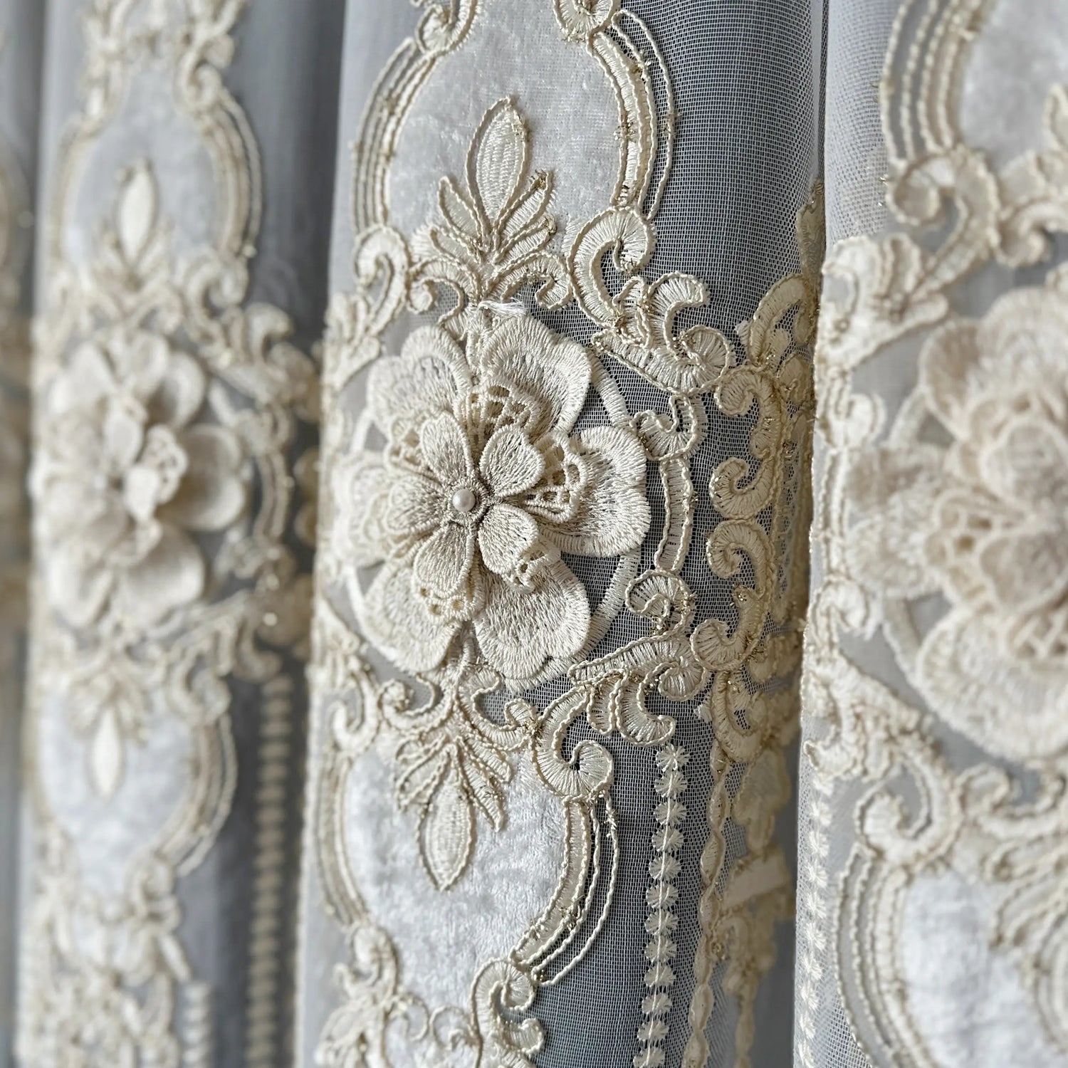 Sheer Curtains with Arabic Lace Rich Gold Embroidery