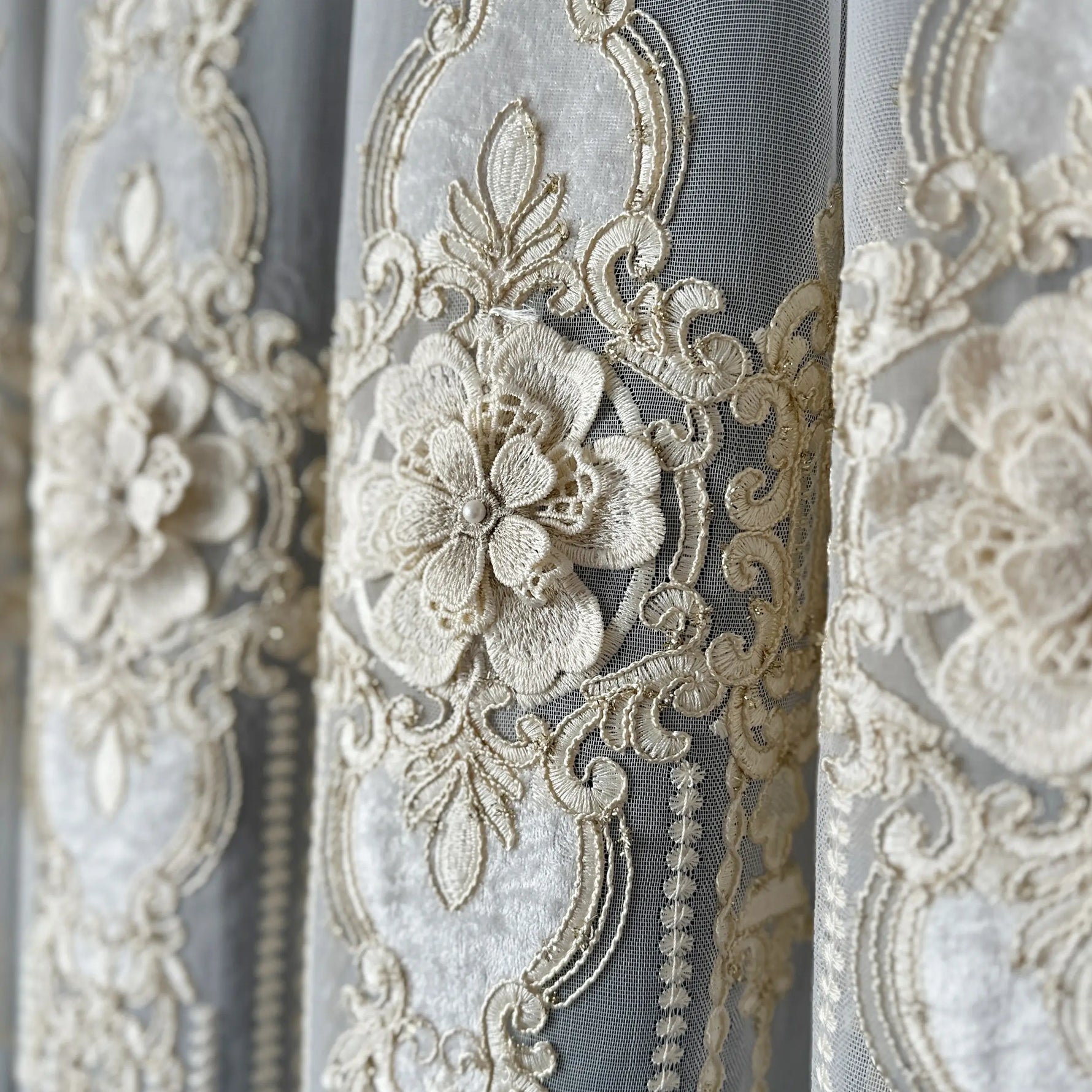 Sheer Curtains with Arabic Lace Rich Gold Embroidery