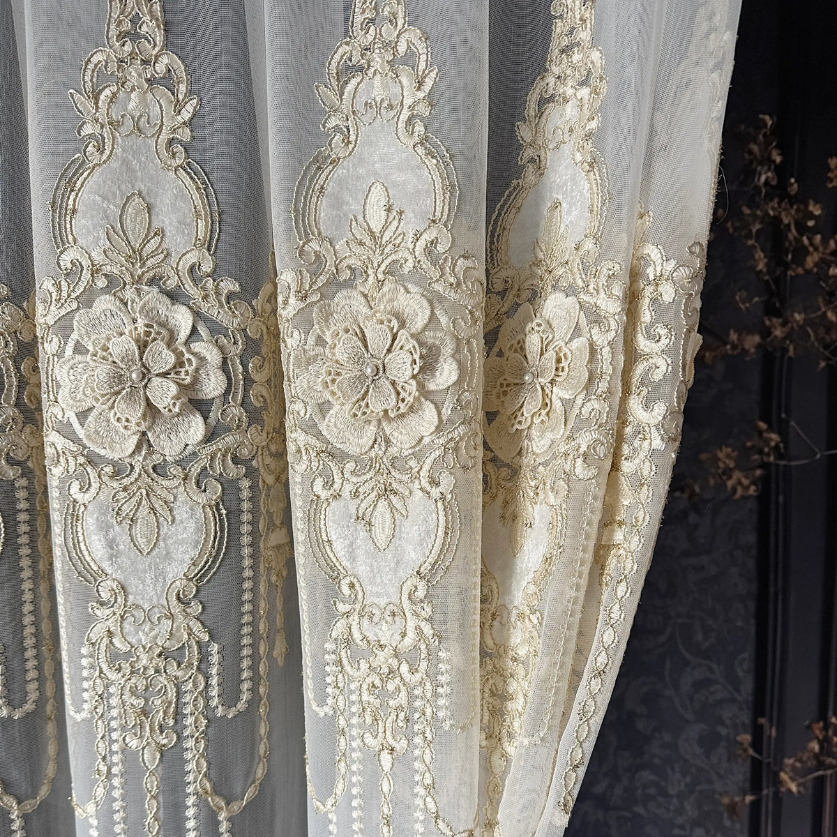 Sheer Curtains with Arabic Lace Rich Gold Embroidery