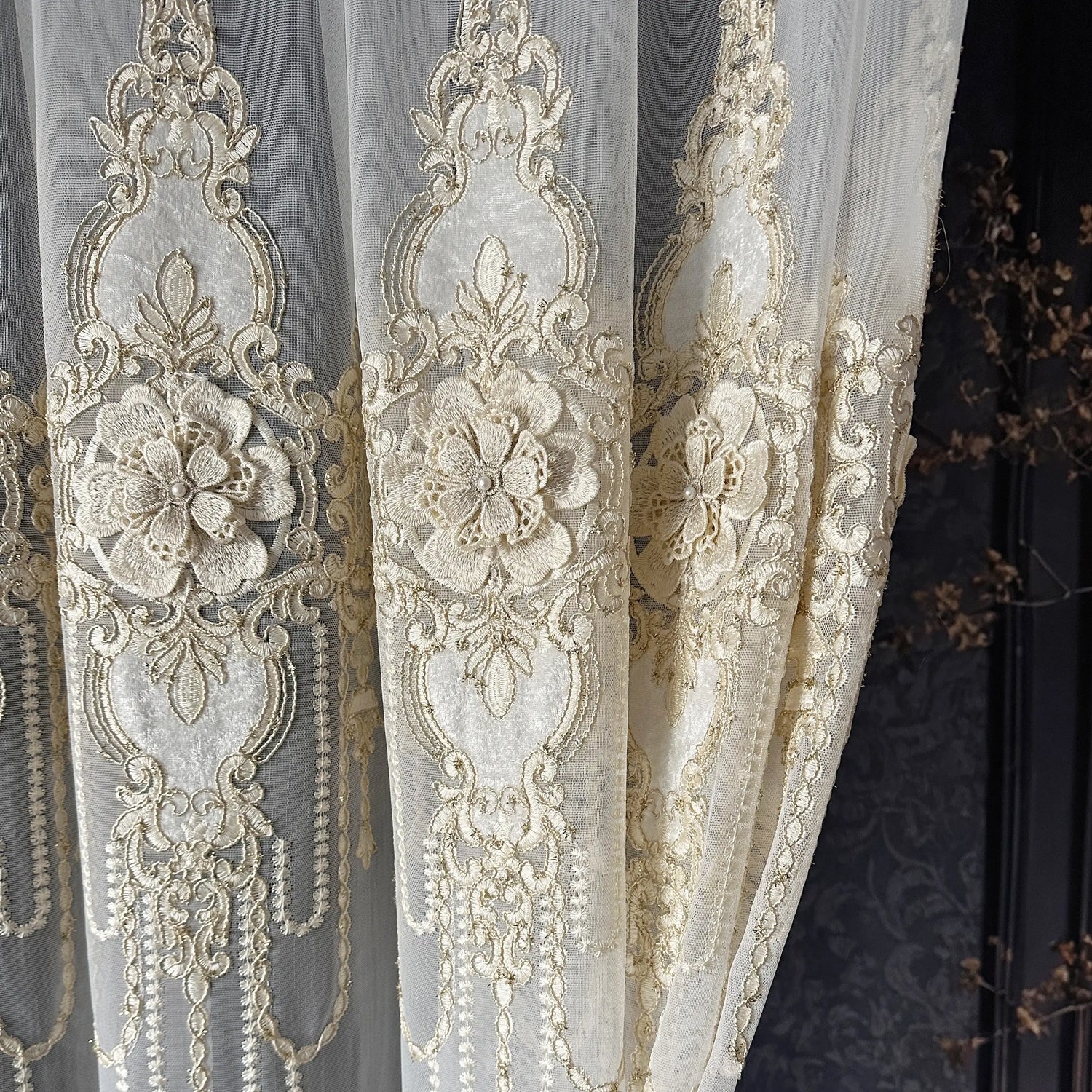 Sheer Curtains with Arabic Lace Rich Gold Embroidery