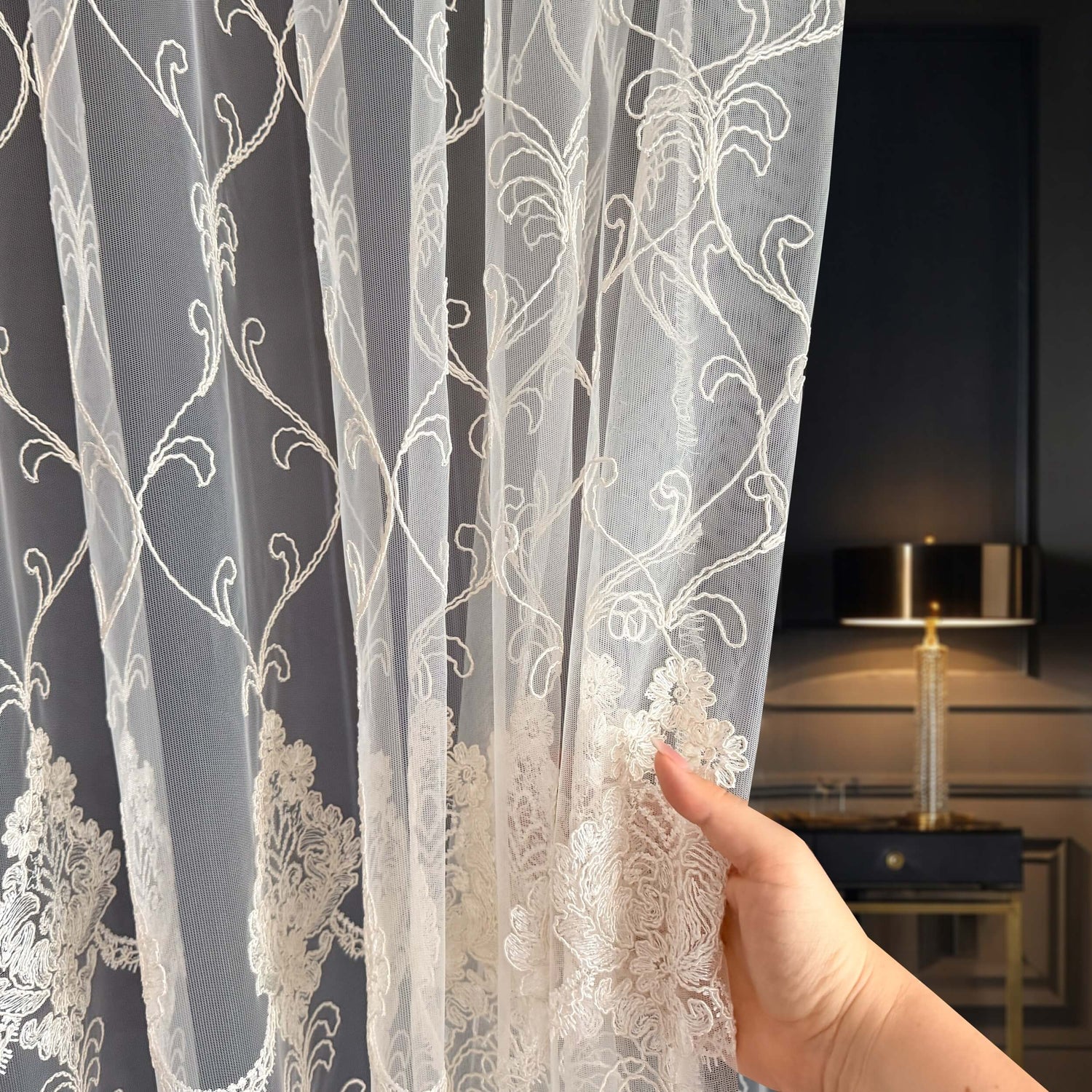 Luxury European Style Off-White Sheer Lace Curtains with Embroidery – Tuana Collection 5