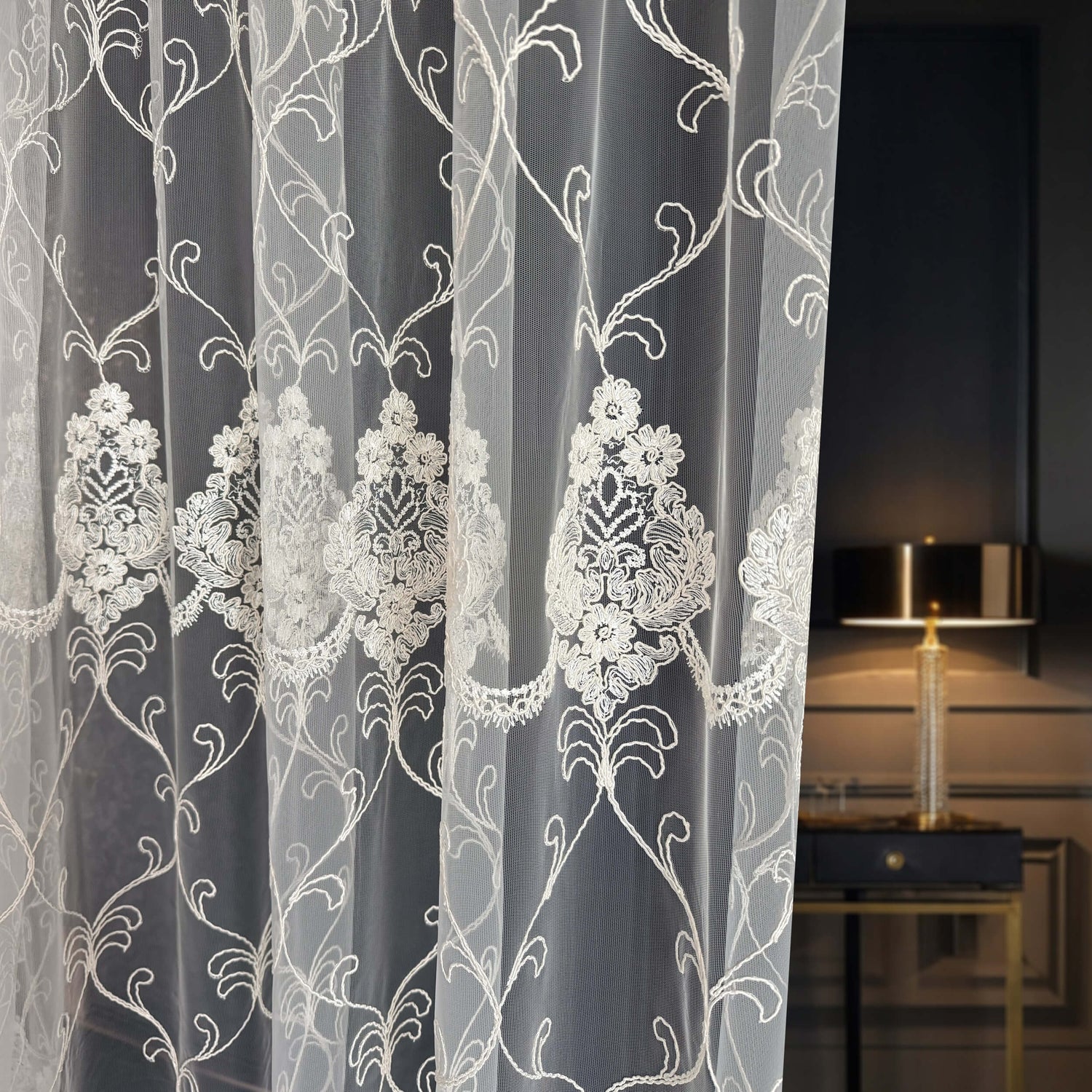 Luxury European Style Off-White Sheer Lace Curtains with Embroidery – Tuana Collection 5