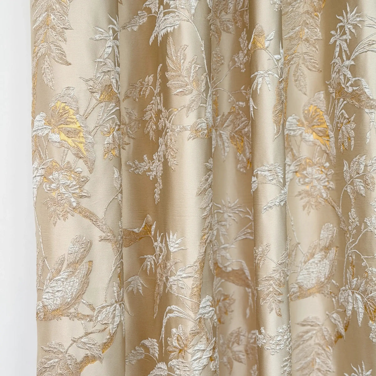 Window Curtains Custom Floral Bird Jacquard, Modern Golden Beige Blackout Eyelet Drapery