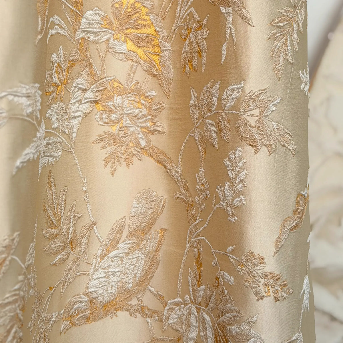 Window Curtains Custom Floral Bird Jacquard, Modern Golden Beige Blackout Eyelet Drapery