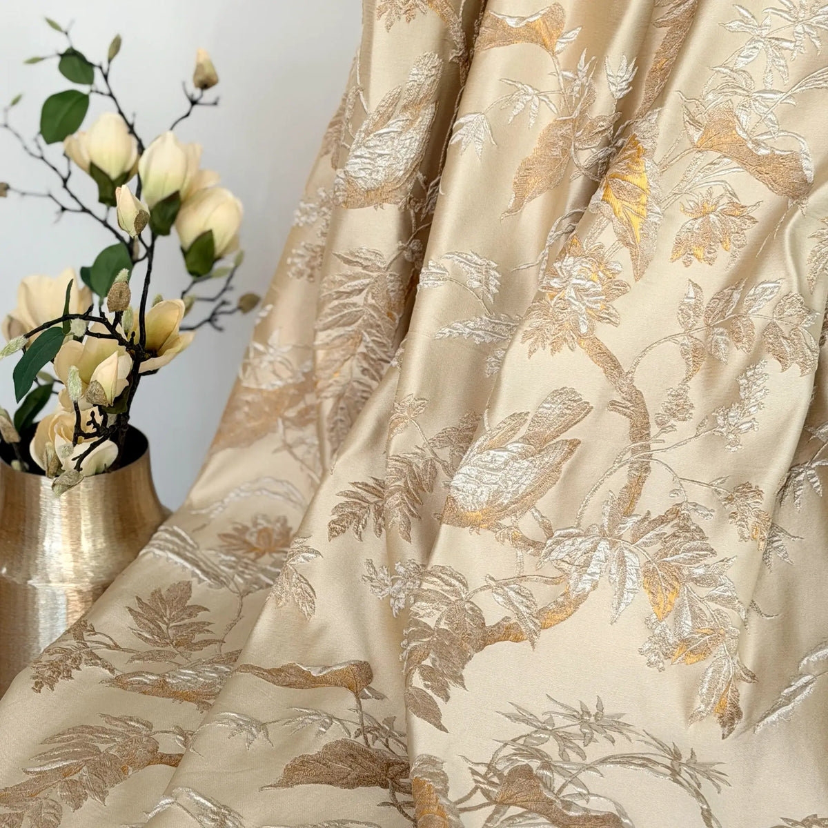 Window Curtains Custom Floral Bird Jacquard, Modern Golden Beige Blackout Eyelet Drapery