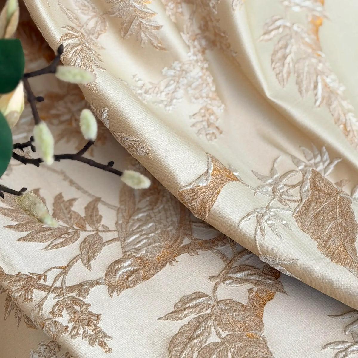 Window Curtains Custom Floral Bird Jacquard, Modern Golden Beige Blackout Eyelet Drapery
