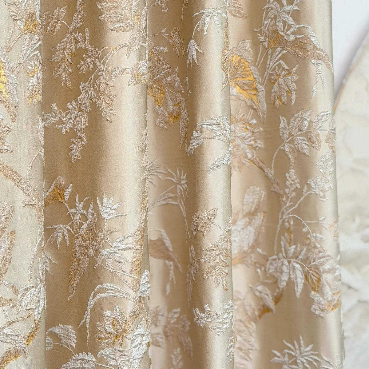 Window Curtains Custom Floral Bird Jacquard, Modern Golden Beige Blackout Eyelet Drapery