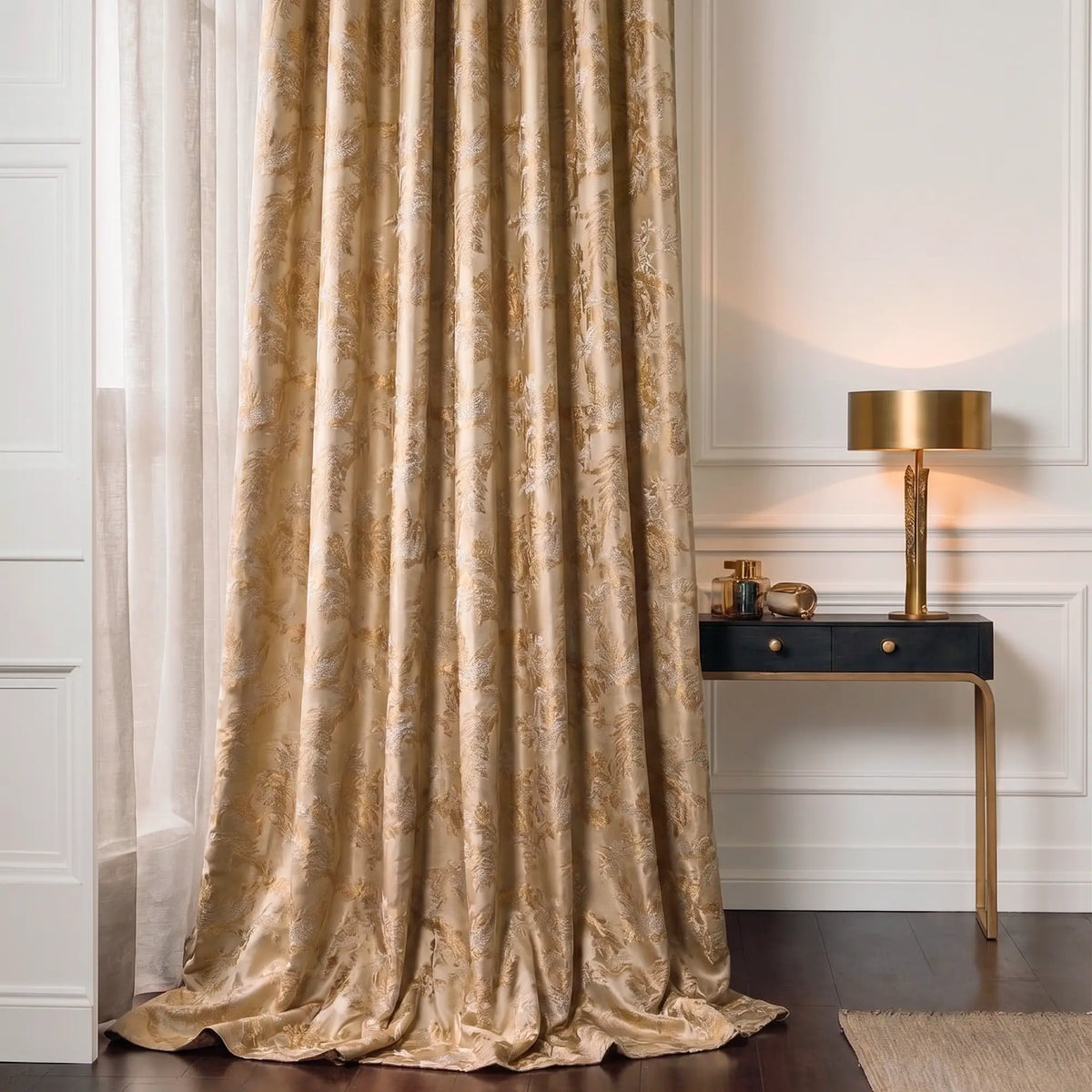 Window Curtains Custom Floral Bird Jacquard, Modern Golden Beige Blackout Eyelet Drapery