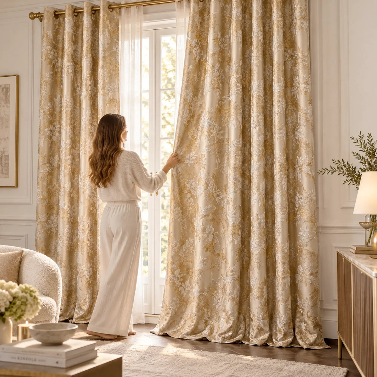 Window Curtains Custom Floral Bird Jacquard, Modern Golden Beige Blackout Eyelet Drapery