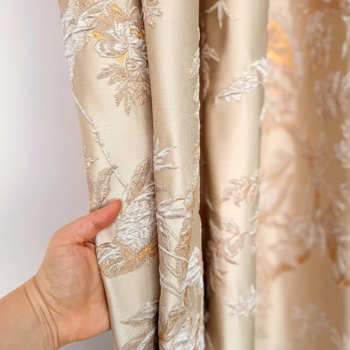 Window Curtains Custom Floral Bird Jacquard, Modern Golden Beige Blackout Eyelet Drapery