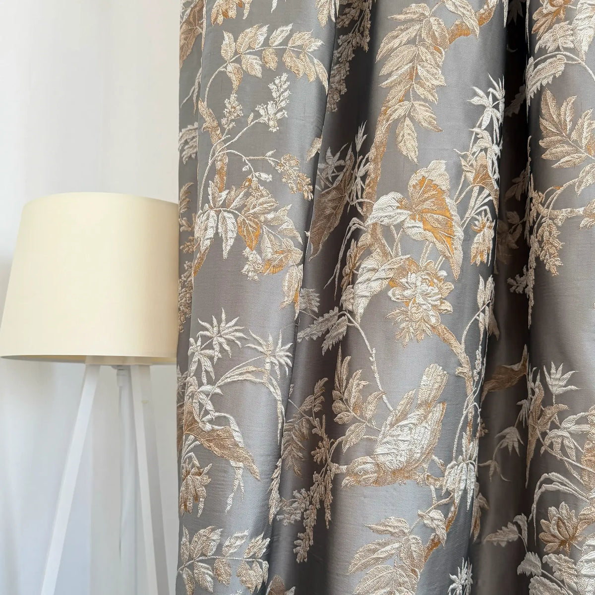 Window Curtains Custom Floral Bird Jacquard, Modern Gray Blackout Eyelet Drapery