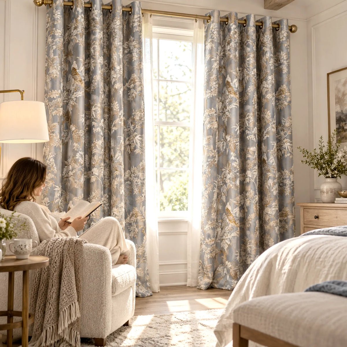 Window Curtains Custom Floral Bird Jacquard, Modern Gray Blackout Eyelet Drapery