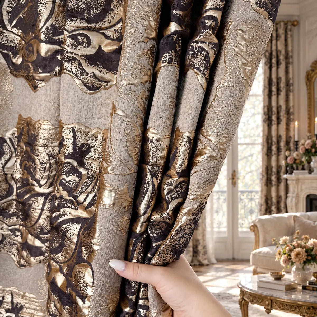 Elegant Vintage Floral Curtains | Custom Gray & Gold Dark Academia Drapes