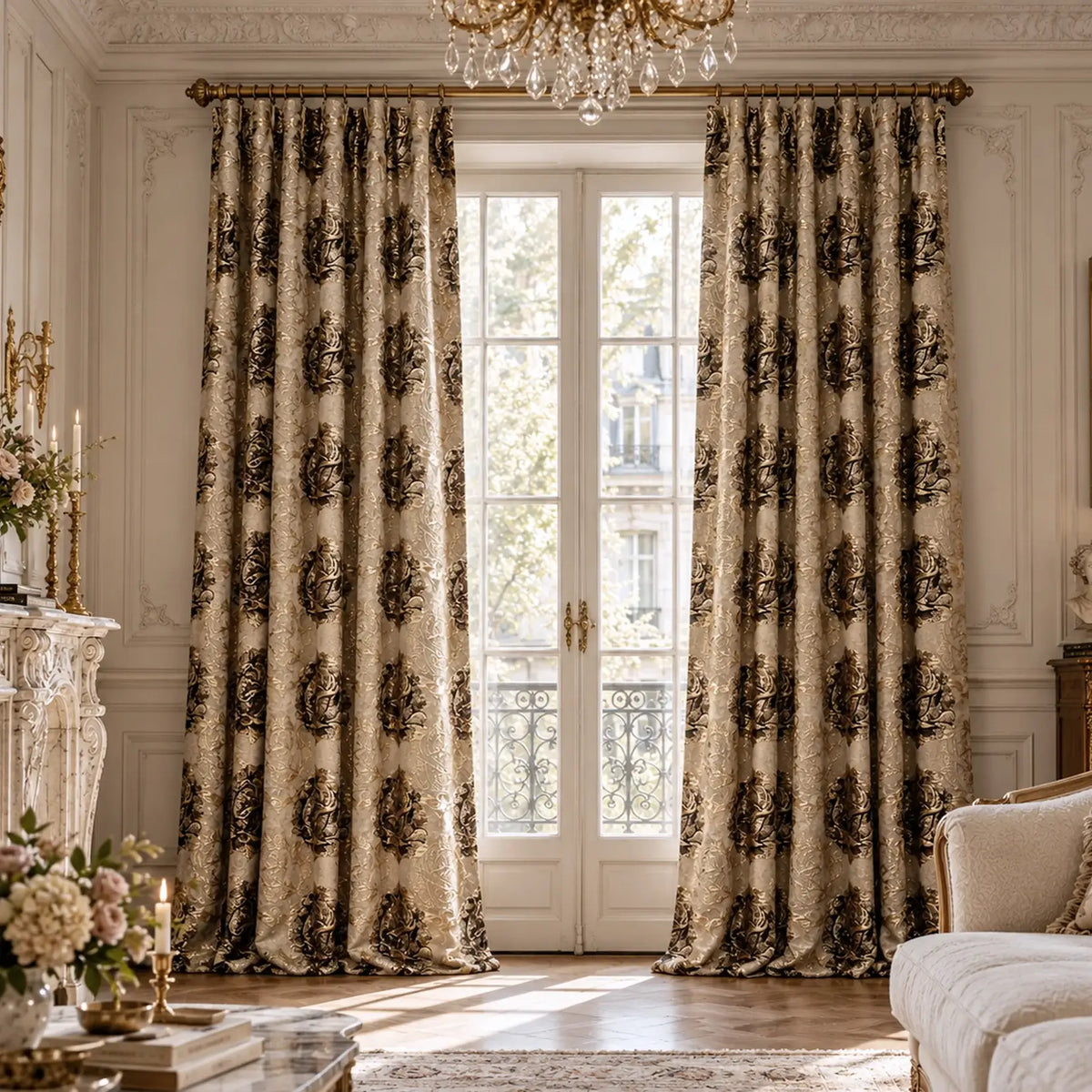 Elegant Vintage Floral Curtains | Custom Gray & Gold Dark Academia Drapes
