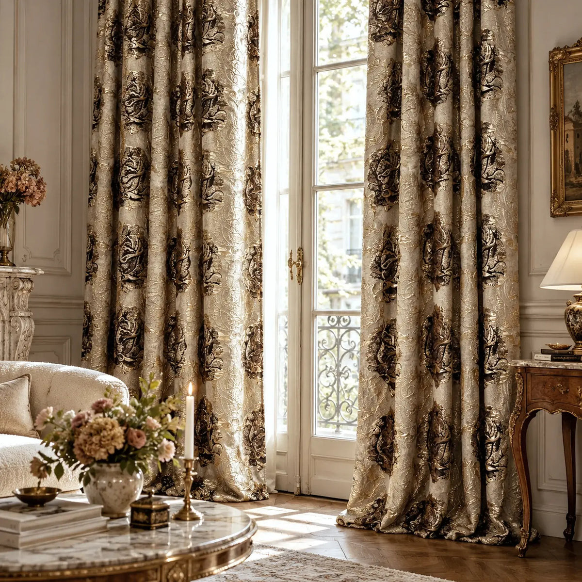 Elegant Vintage Floral Curtains | Custom Gray & Gold Dark Academia Drapes
